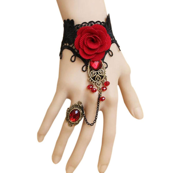Red Rose Bracelet with Ruby Finger Ring