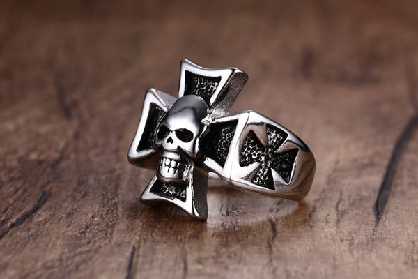 Stainless Steel Iron Cross Skull Ring